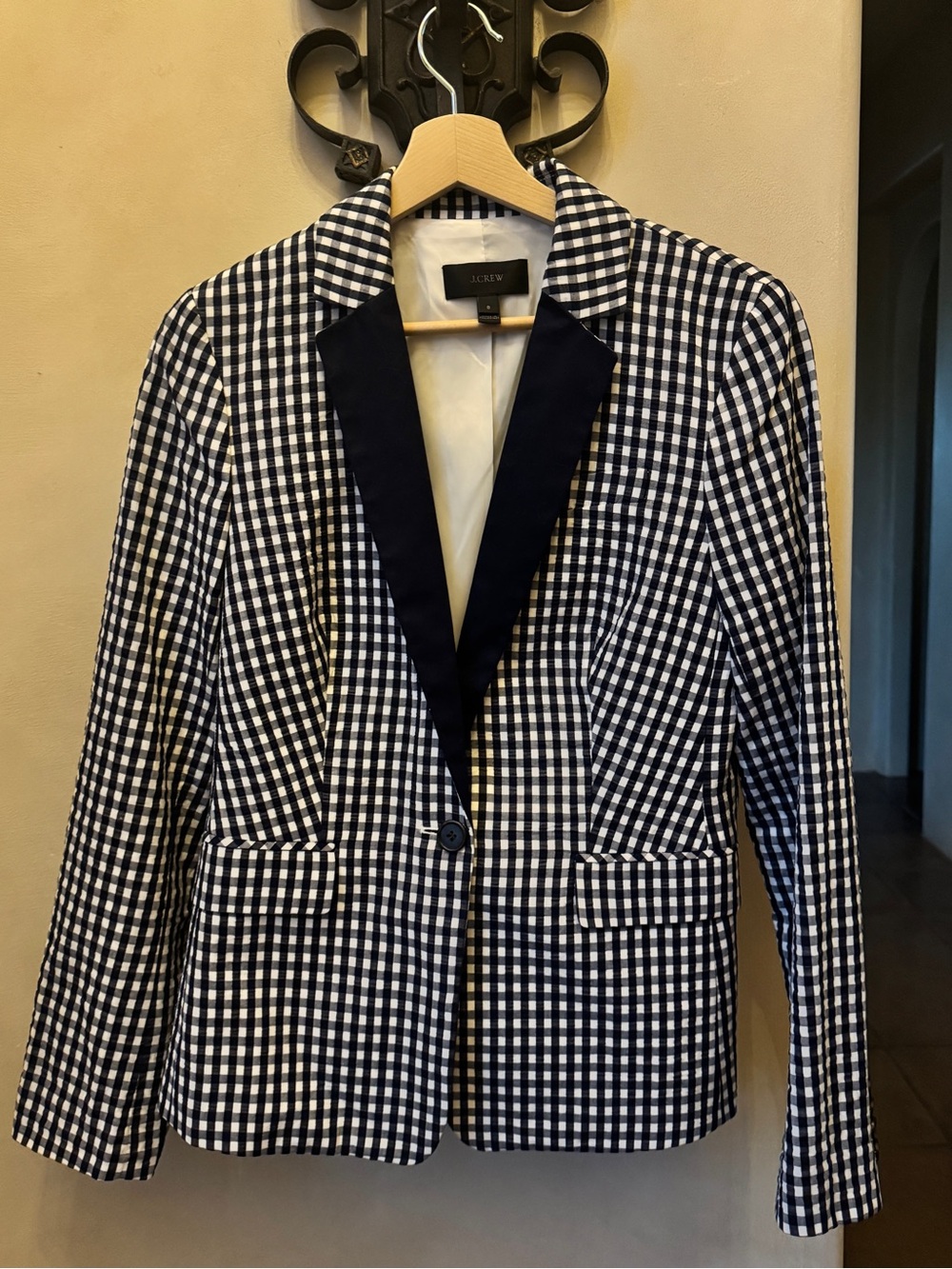 J. W Crew Navy & White Gingham Blazer with Contrast Lapel